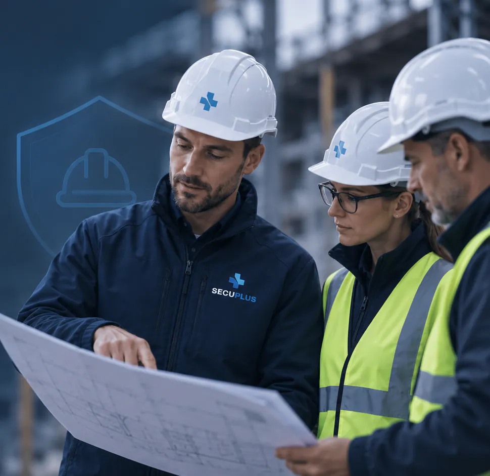 Drei Personen mit Schutzhelm besprechen gemeinsam einen Bauplan auf der Baustelle